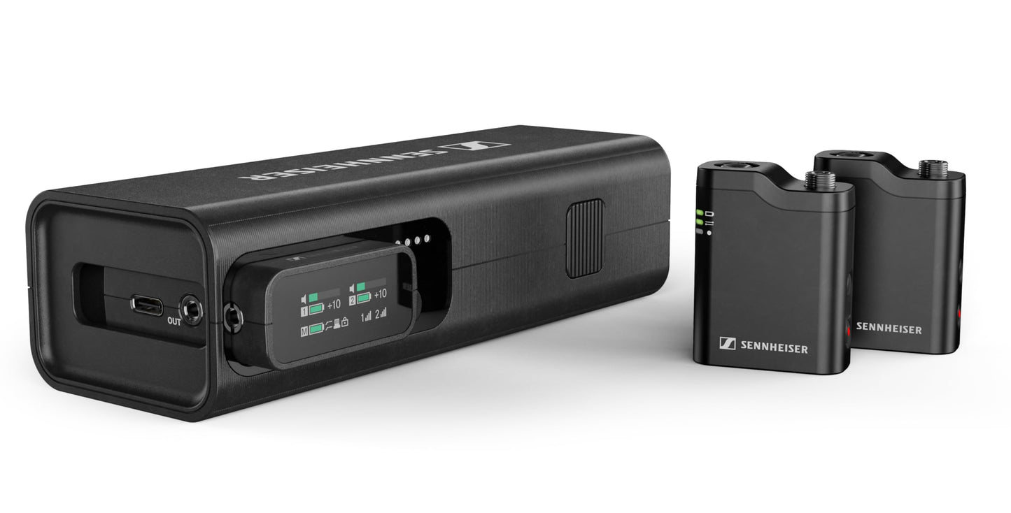 Sennheiser Profile Wireless 2.4 GHz Dual Channel Wireless System with Lapel Microphones and Handheld Microphone with Receiver, Two Lapel Microphones, Multifunctional Charging Case and Carry Bag