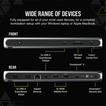 Corsair TBT100 Thunderbolt 3 Dock – 85W Charging, Dual 4k 60Hz Support, 2X HDMI, 40Gb/s,USB-C Gen 2 (15W) x2, USB-A 3.1 (7.5W) x2, Gigabit Ethernet – for Mac and PC laptops (CU-9000001-NA) Thunderbolt 3 (2x HDMI)